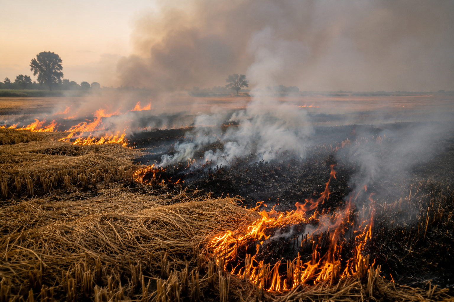 Farmer burning paddy straw in field